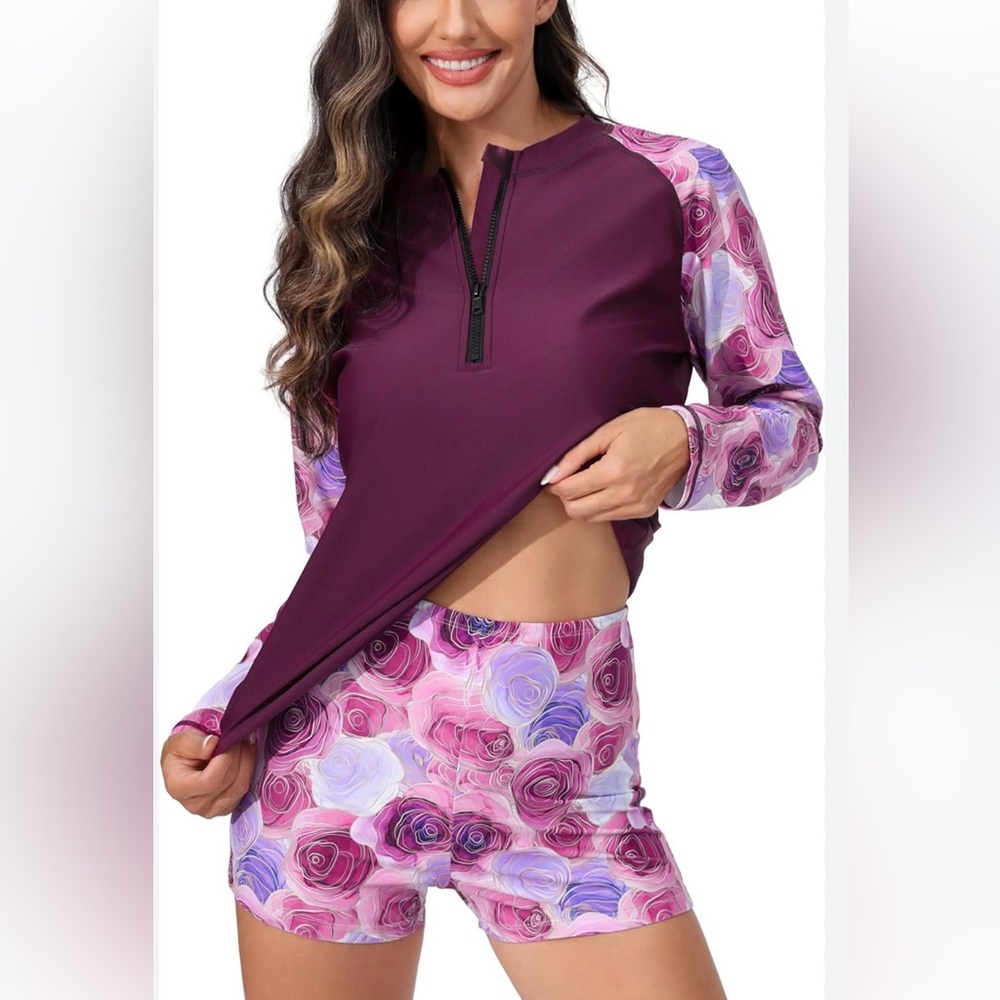 NWT Womens top Plus Size Long Sleeve Rash Guard Sets Half
Zip Swim Shirts Top - Picture 6 of 6